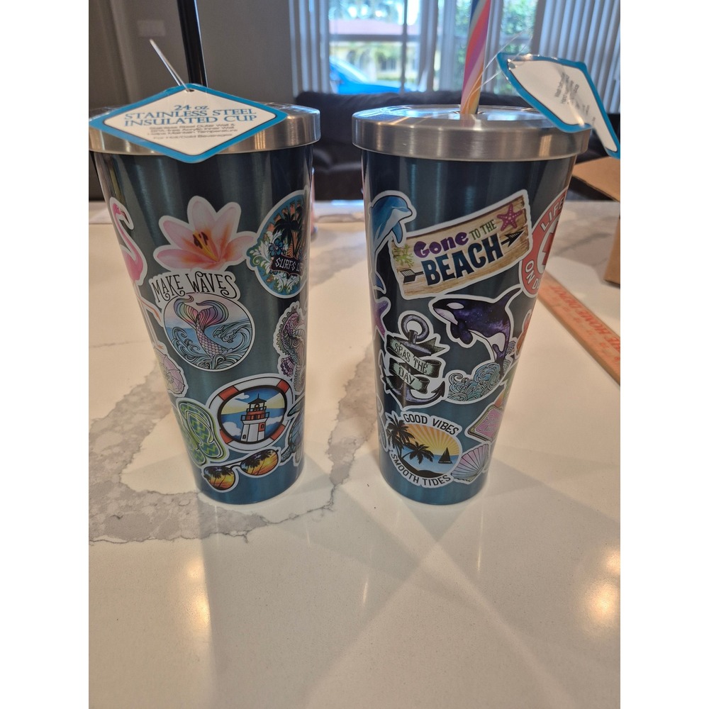 Set‎ of 2 Beach Sticker Wrap 24oz Stainless Steel Insulated Tumblers with Straws